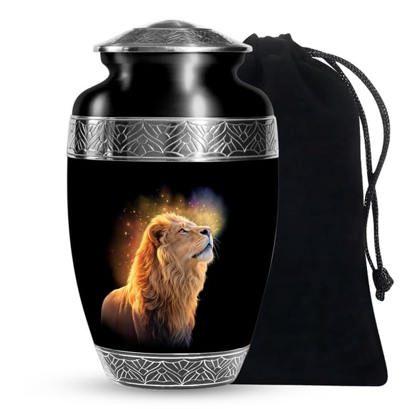 JAGASY Lion Memorial Urn for Ashes Adult Male, Black Large Urn for Human Ashes for Women & Men, Yellow Lion Decorative Urns for Father, Handmade Cremation Urns for Mother, (10 Inch)