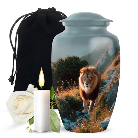 JAGASY Lion Memorial Urn for Brother, Grey Large Urn for Ashes Adult Male & Female, Rocky landscape Decorative Urns for Companion, Handcrafted Cremation Urns for Siblings, (10 Inch)