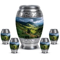 JAGASY Mountain Funeral Combo Urn Set for Companion, Blue Small Urns for Human Ashes Keepsake, Forest Trees Decorative Urns for Mother, Blue Sky Cremation Urn for Father, (1 Large, 10" & 4 Small, 3")