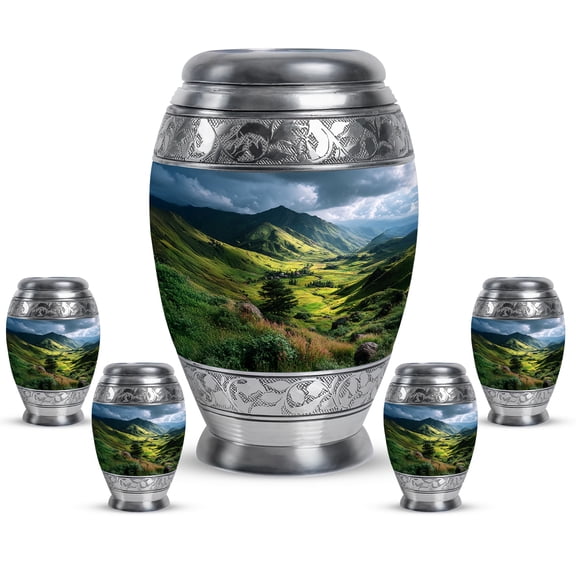 JAGASY Mountain Funeral Combo Urn Set for Companion, Blue Small Urns for Human Ashes Keepsake, Forest Trees Decorative Urns for Mother, Blue Sky Cremation Urn for Father, (1 Large, 10" & 4 Small, 3")