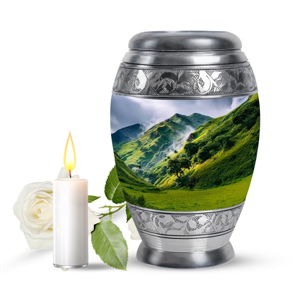 JAGASY Mountain Handmade Mini Urn for Ashes Adult Male, Blue Keepsake Small Urns for Human Ashes, Forest Trees Decorative Urns for Parents, Blue Sky Funeral Cremation Urn for Mom & Dad, (3 Inch)