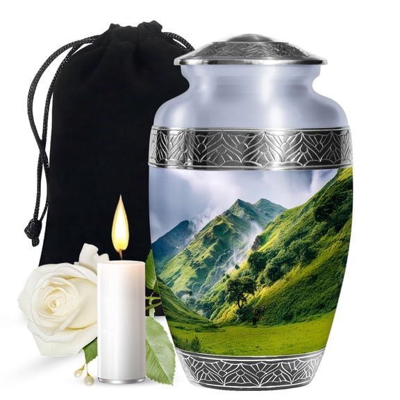 JAGASY Mountain Handmade Urn for Ashes Adult Male, Blue Burial Urns for Human Ashes for Women, Forest Trees Decorative Urns for Parents, Blue Sky Large Memorial Cremation Urn for Mom & Dad, (10 Inch)