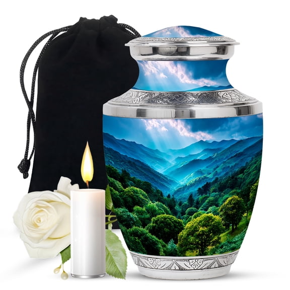 JAGASY Mountain Memorial Urn for Ashes Adult Male, Sky Blue Urns for Human Ashes for Women, Forest Trees Decorative Urns for Parents, Handmade Large Cremation Urn for Mom & Dad, (10 Inch)