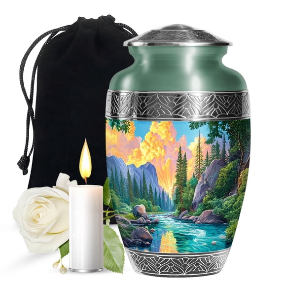 JAGASY Mountain Memorial Urn for Ashes for Women, Large River Decorative Urns for Parents, Green Urns for Ashes, Orange Sunset Cremation Urn for Mom & Dad, 10 Inch