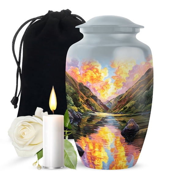 JAGASY Mountain Urn for Ashes Adult Male, River Decorative Urns for Couple, Grey Large Urns for Ashes for Women, Pink Cloudy Sunset Cremation Urn for Mom & Dad, 10 Inch