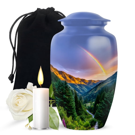 JAGASY Mountain Valley Urn for Ashes Adult Male, Large Decorative Urns for Companion, Blue Urns for Ashes Keepsake, Rainbow Cremation Urn for Mom & Dad, 10 Inch