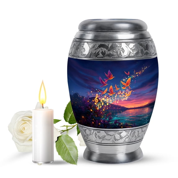 JAGASY Music Notes Urns for Human Ashes Mom & Dad - Small Decorative Sunset Funeral Urn for Loved One - Keepsake Musical Notes Urns for Companion Couple - Little Blue 3 Inch Bird Urn