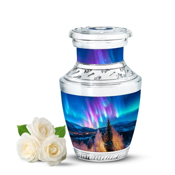 JAGASY Northern Lights Cremation Urn for Ashes Adult Male, Blue Small Urns for Human Ashes, Starry Sky Decorative Urns for Daughter, Mountain Miniature Keepsake Urn for Son, (3 Inch)