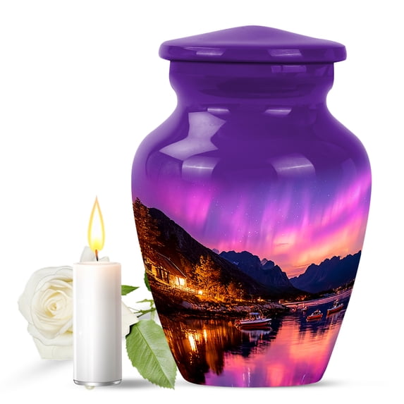 JAGASY Northern Lights Memorial Urn for Ashes Adult Male, Purple Small Urns for Human Ashes Keepsake, Lake Decorative Urns for Mother, Mountain Cremation Urn for Father, (3 Inch)