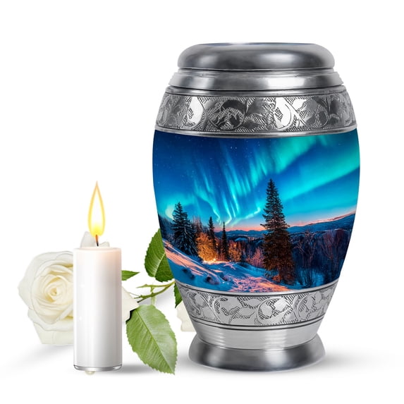 JAGASY Northern Lights Mini Urn for Ashes Adult Male, Blue Keepsake Small Urns for Human Ashes, Snowy Mountain Decorative Urns for Friends, Starry Sky Cremation Urn for Boy & Girl, (3 Inch)