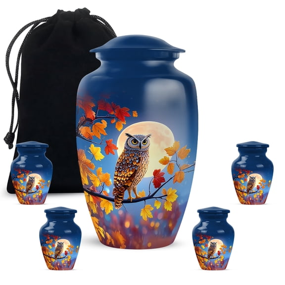 JAGASY Owl Combo Urns for Parents, Blue Small Urns for Human Ashes Keepsake, Night Moon & Autumn Tree Branch Decorative Urn for Mother, Large Cremation Urn for Mom & Dad, (1 Large, 10"; 4 Small, 3")