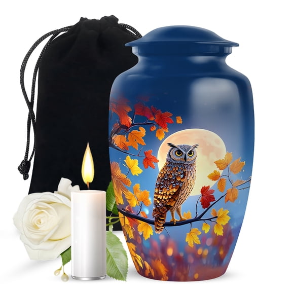 JAGASY Owl Unique Urn for Father, Blue Large Urns for Human Ashes Keepsake, Night Moon & Autumn Tree Branch Decorative Urns for Mother, Memorial Cremation Urn for Mom & Dad, (10 Inch)