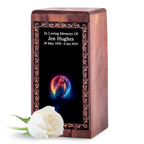 JAGASY Parrot Wooden Urn for Human Ashes Adult, Personalized Urn for Ashes Adult Male - Black Custom Engraved Wood Decorative Container 11.25 Inch