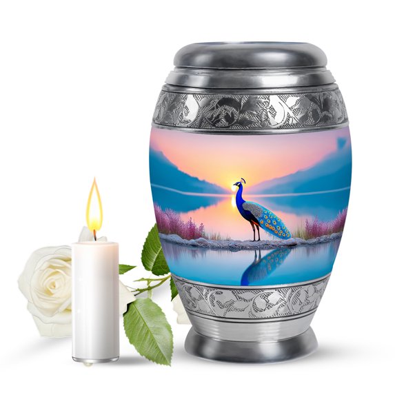 JAGASY Peacock Small Urn for Mother, Pink Urns for Human Ashes keepsake, Sunset Lake & Water Decorative Urns for Parents, Blue Cremation Urn for Mom & Dad, (3 Inch)