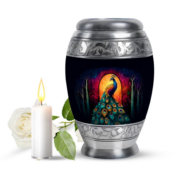 JAGASY Peacock Urn for Ashes Adult Male, Black Small Urns for Human Ashes keepsake, Tree Red & Yellow Decorative Urns for Parents, Cremation Urn for Mom & Dad, (3 Inch)