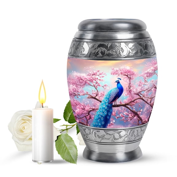 JAGASY Peacock Urn for Ashes Adult Male & Female, Pink Urns for Human Ashes keepsake, Cherry Blossom Tree & Flowers Decorative Urns for Parents, Small Cremation Urn for Mom & Dad, (3 Inch)