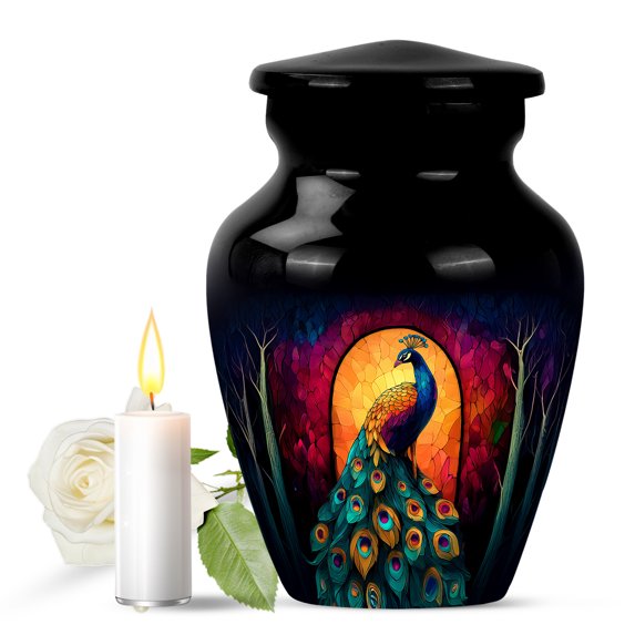 JAGASY Peacock Urn for Ashes, Black Small Urns for Human Ashes keepsake, Tree Red & Yellow Decorative Urns for Parents, Miniature Cremation Urn for Mom & Dad, (3 Inch)