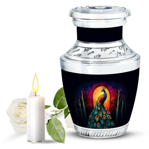 JAGASY Peacock Urn for Ashes for Women, Black Small Urns for Ashes Adult Male keepsake, Tree Red & Yellow Decorative Urns for Parents, Mini Cremation Urn for Mom & Dad, (3 Inch)