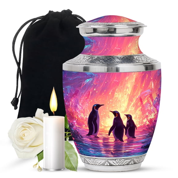 JAGASY Penguin Memorial Large Urn for Ashes Adult Male, Pink Urns for Ashes for Women, Snowy Glacier Decorative Urns for Couple, Water Cremation Urn for Husband & Wife, (10 Inch)