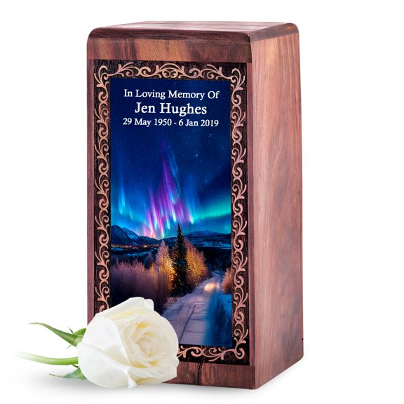 JAGASY Personalized Northern Lights Wooden Urn for Mom & Dad - Blue Keepsake Urn for Human Ashes - Wood Tree Small Cremation Memorial Urns 5 Inch - Cremation Container for Funeral Gift