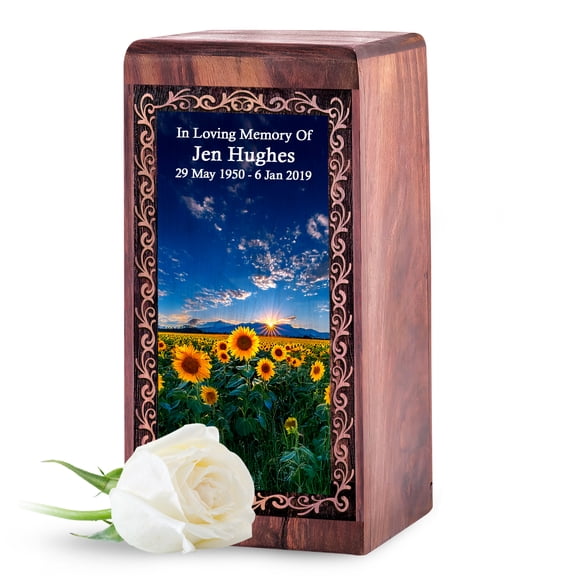 JAGASY Personalized Wooden Sunflower Urn 5 Inch - Miniature Urn for Human Ashes - Blue Custom Memorial Keepsake - Hand Carved Custom Engraved Wood Box