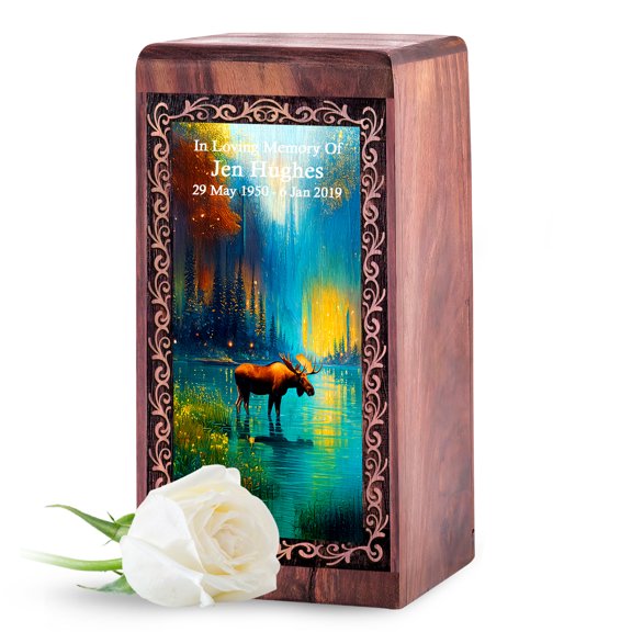 JAGASY Personalized Wooden Urn for Men - Moose Small Ashes Urn for Human Ashes - Lake Forest Decorative Memorial Gift for Burial - Mini Wood Urns for Adult Female 5 Inch - Custom Engraved Wooden Box