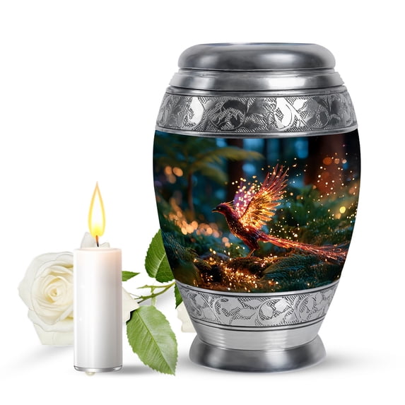 JAGASY Phoenix Keepsake Urn for Ashes Adult Male, Dark Teal Urns for Human Ashes, Sparking Lights Decorative Urns for Father, Forest Trees Small Handmade Cremation Urn for Mother, (3 Inch)