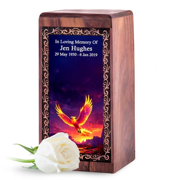 JAGASY Phoenix Wooden Cremation Urns for Ashes 11.25 Inch - Purple Memory Box for Adult Men - Personalise Urn for Women - Engraved Container for Burial Ashes - Memorial Gift for Funeral