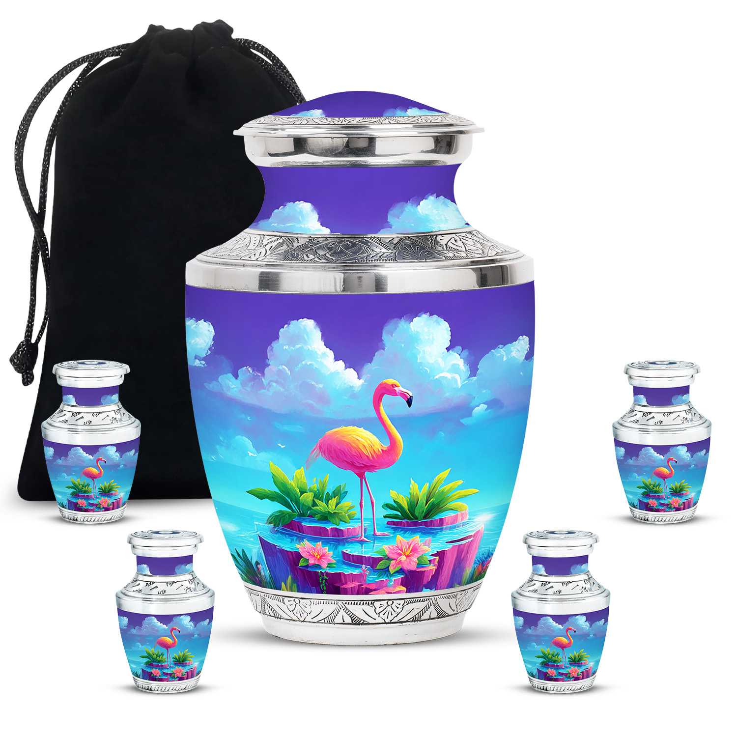 JAGASY Pink Flamingo Burial Combo Urn Set of 5, Purple Small Urns for Human Ashes Keepsake, Pink Flowers & Cloudy Sky Decorative Urns for Mom & Dad, Large Cremation Urn, (1 Large, 10" & 4 Small, 3")