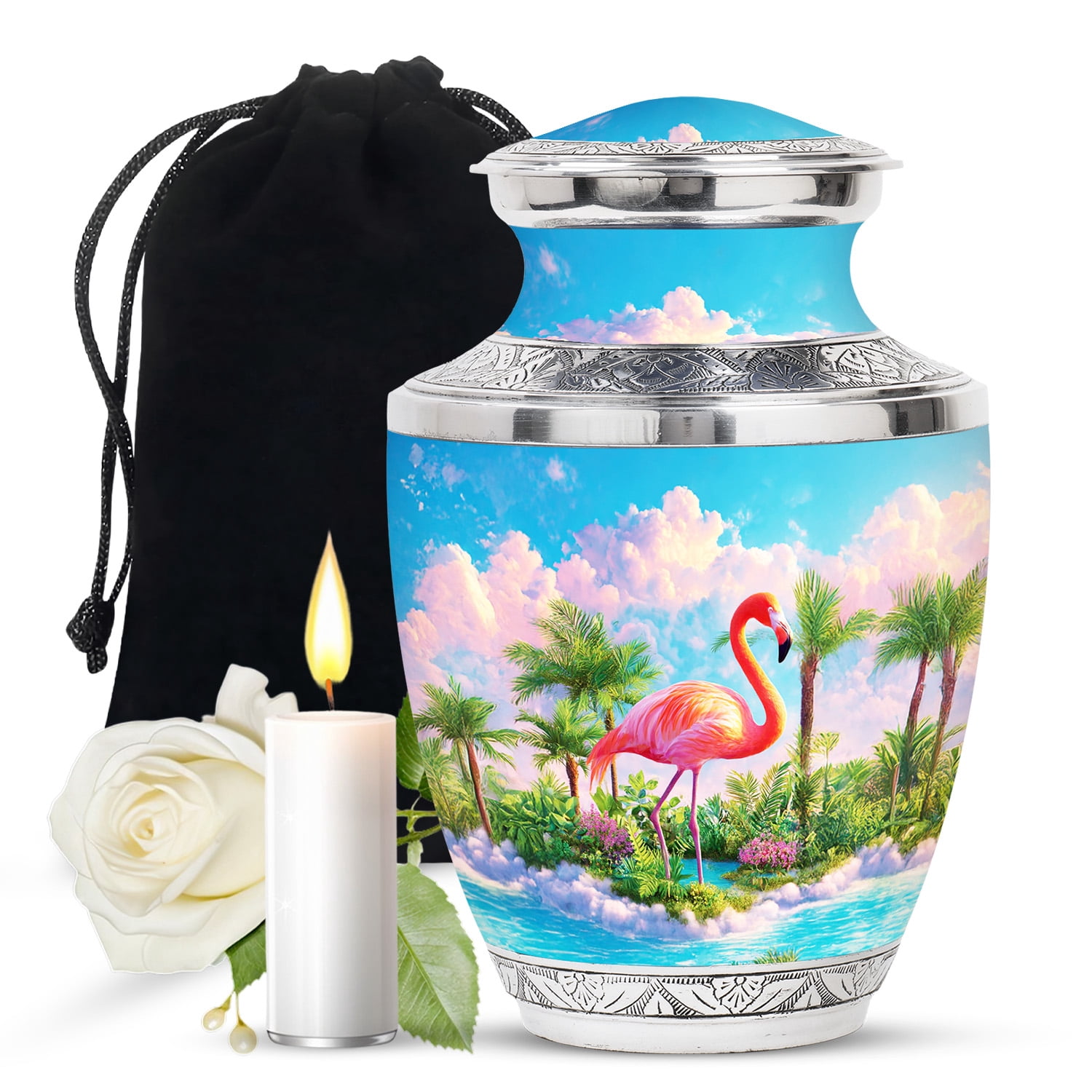 JAGASY Pink Flamingo Memorial Urn for Ashes Adult Male, Blue Urns for Human Ashes, Tropical Landscape & Palm Trees Decorative Urns for Couple, Large Cremation Urn for Husband & Wife, (10 Inch)
