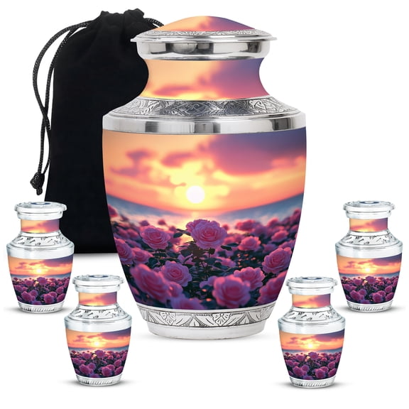 JAGASY Pink Rose Funeral Urns Combo - Sunset Large Urn for Ashes for Women - Pink Roses Flowers Small Urn for Human Ashes Keepsake - Handcarfted Cremation Urns - (1 Large, 10", 4 Small, 3")