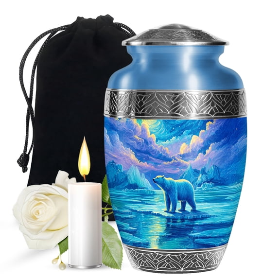 JAGASY Polar Bear Handmade Urn for Siblings, Arctic Landscape Decorative Urns for Brother. Blue Urns for Ashes for Women, Large Ice Glacier Cremation Urns for Sister, 10 Inch