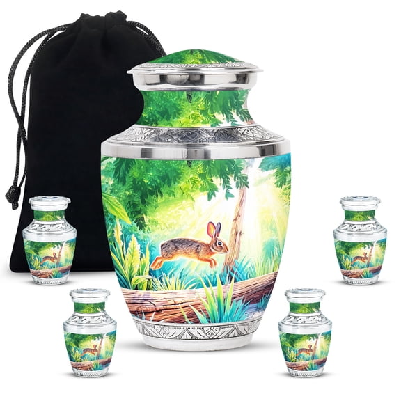 JAGASY Rabbit Memorial Combo Urns Set, Green Keepsake Small Urns for Human Ashes, Forest Trees & Sunlight Decorative Urn for Children, Unique Large Urn for Daughter & Son, (1 Large, 10"; 4 Small, 3")