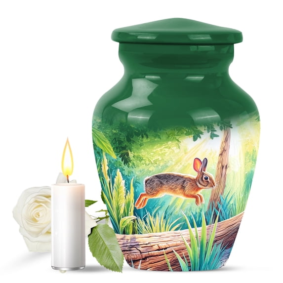 JAGASY Rabbit Unique Urn for Daughter, Green Keepsake Small Urns for Human Ashes for Women, Forest Trees & Sunlight Decorative Urns for Son, Handmade Urn for Children, (3 Inch)