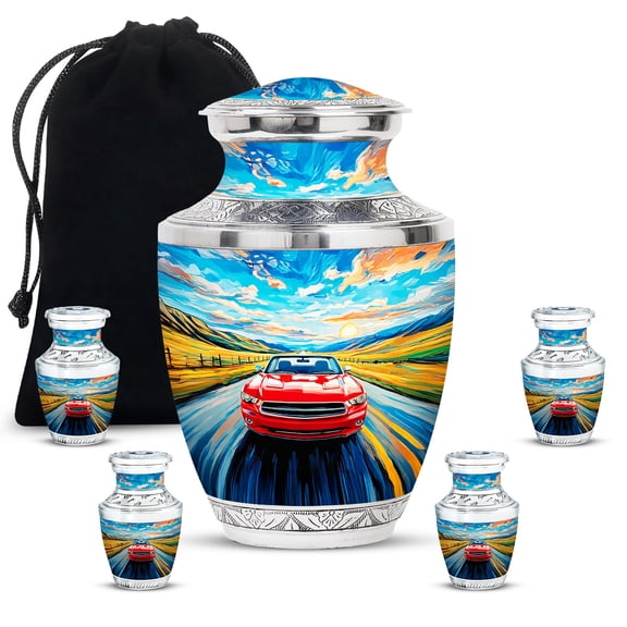 JAGASY Red Car Funeral Combo Urns Set, Blue Small Urns for Human Ashes Keepsake, Sunset Sky & Mountain Road Decorative Urn for Daughter, Large Handmade Urn for Son, (1 Large, 10"; 4 Small, 3")