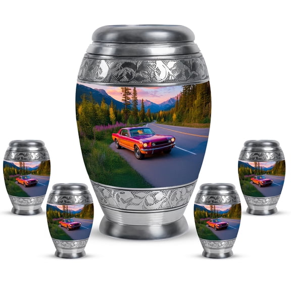 JAGASY Red Car Urn for Ashes for Women - 3 Inch Mountain Keepsakes for Ashes - Large Lavender Urn for Human Remains 10 Inch - Forest Green Urns for Male & Female - (1 Large & 4 Tiny)