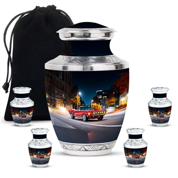 JAGASY Red Car Urns Combo for Parents, Dark Blue Small Urns for Human Ashes Keepsake, Night City Street Decorative Urn for Couple, Large Funeral Urn for Mom & Dad, (1 Large, 10"; 4 Small, 3")