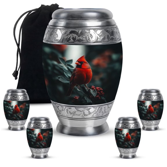 JAGASY Red Cardinal Memorial Urns Combo - Black Large Urn for Ashes Adult Male & Femal - Tree Leaf Decorative Keepsake Cremation Urns - Mini Urn for Brother & Sister - (1 Large, 10", 4 Small 3")