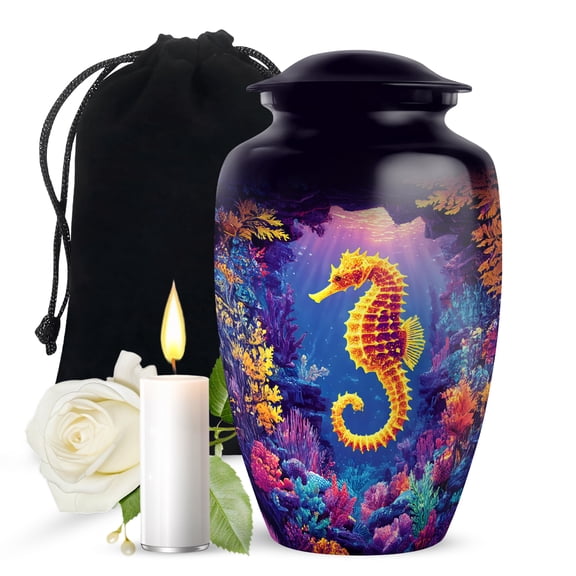 JAGASY Seahorse Urn for Ashes Adult Male, Black Large Urns for Human Ashes for Women, Coral Reef Decorative Urns for Parents, Sea Cremation Urn for Mom & Dad, (10 Inch)