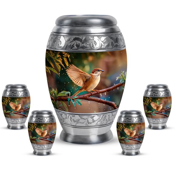 JAGASY Sparrow Urns for Human Ashes Cremation - Large 10 Inch Green Urn for Ashes for Women - Set of 4 Little Urn for Memorial Burial 3 Inch - Small Funeral Urns for Men