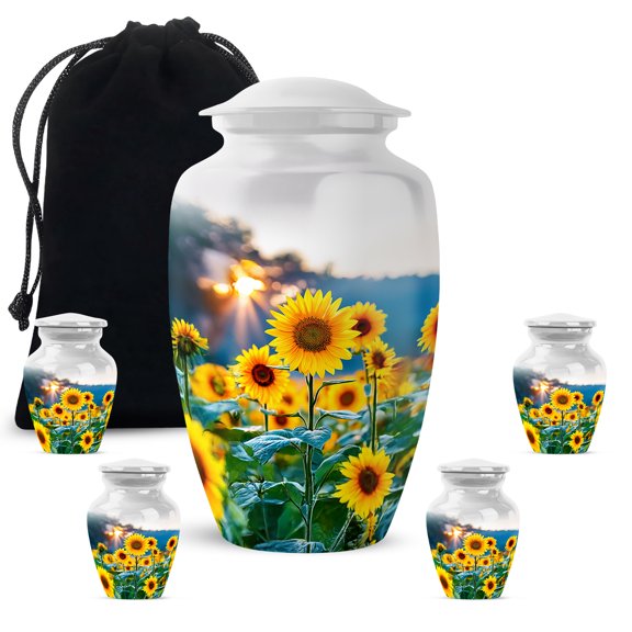 JAGASY Sunflower Combo Urns for Parents Ashes, White Large Urn for Human Ashes for Women, Sunset Sunflower Field Decorative Urns for Parents, Cremation Urn for Mom & Dad, (1 Large, 10"; 4 Small, 3")