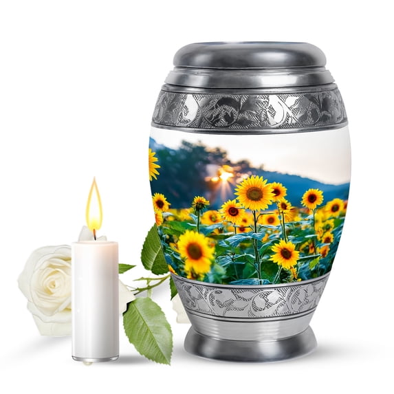 JAGASY Sunflower Miniature Urn for Human Ashes, White Mini Keepsake Urns for Ashes Adult Male, Sunset Sunflower Decorative Urns for Mom & Dad, Handmade Cremation Urn for Parents, (3 Inch)