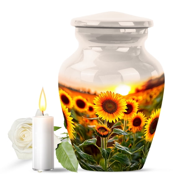 JAGASY Sunflower Urn for Siblings, White Small Keepsake Urns for Human Ashes, Sunset Sunflower Field Decorative Urns for Sister, Miniature Cremation Urn for Brother, (3 Inch)