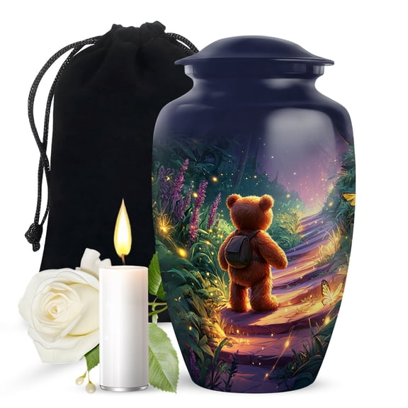 JAGASY Teddy Bear Handmade Urn for Children - Forest Fireflies & Butterfly Decorative Urns for Human Ashes - Flowers Large Urn for Daughter - Dark Blue Funeral Urns for Son - (10 Inch)