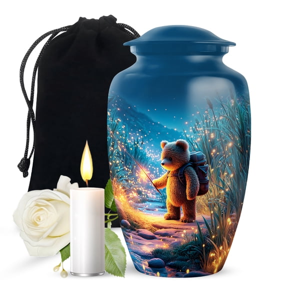JAGASY Teddy Bear Urn for Sister - Fireflies Tall Grass Decorative Urns for Brother - Blue Large Urn for Ashes Adult Male & Female - Handmade Cremation Urns for Siblings - (10 Inch)