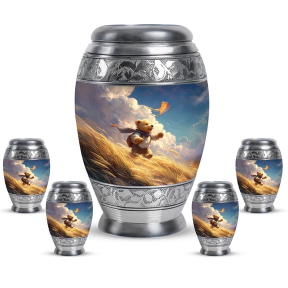 JAGASY Teddy Bear Urns Combo, Blue Large Urn for Husband, Keepsake Small Urn for Ashes, White Clouds Kite & Grass Decorative Urns for Wife, Ash Holder for Couple, (1 Large, 10", 4 Small, 3" )