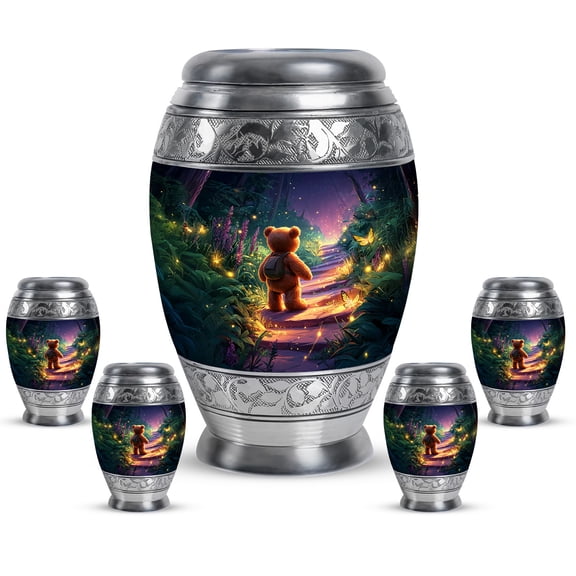 JAGASY Teddy Bear Urns Set of 5 for Parents - Blue large Urn for Father - Butterfly & Fireflies Forest Decorative Urns for Mother - Flowers Urn for Cremation - (1 Large, 10", 4 Small, 3")