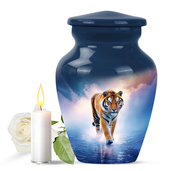 JAGASY Tiger Urns for Human Ashes Adult Female, Blue Small Urns for Human Ashes Keepsake, Water & Cloudy Sky Decorative Urn, Burial Urn for Brother & Sister, (3 Inch)