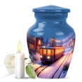 thumbnail image 1 of JAGASY Train Funeral Urn for Ashes Adult Male, Blue Small Urns for Human Ashes Keepsake, Snowy Street Decorative Urns for Mother, Night Street Light Cremation Urn for Father, (3 Inch), 1 of 7