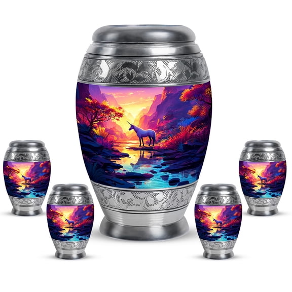 JAGASY Unicorn Combo Urns Set, Pink Small Keepsake Urns for Human Ashes, Sunset Forest Trees & Mountain River Decorative Large Urn for Sister, Handmade Urn for Brother, (1 Large, 10"; 4 Small, 3")